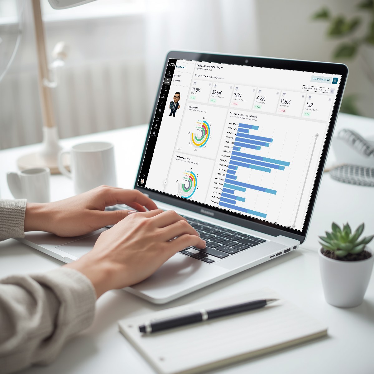 L'application Digital Admin utilisée sur ordinateur portable : tableau de bord avec indicateurs comptables, graphiques et factures en cours